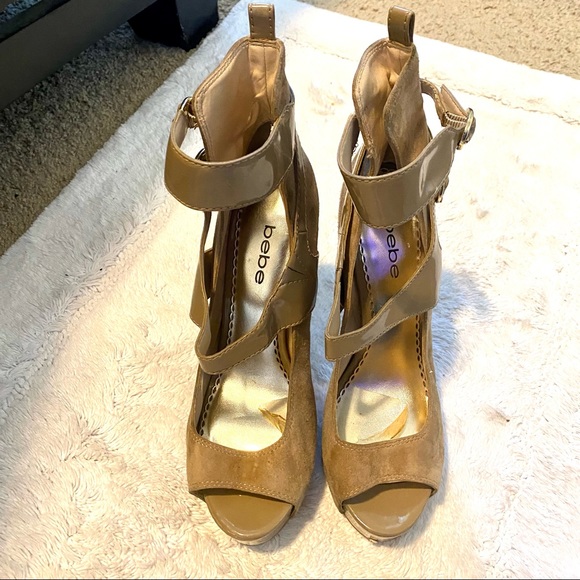 Tan sued & patent BEBE stiletto heels w/ankle straps, 6 inch - Picture 3 of 10